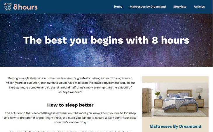 Home page for online sleep magazine, 8 hours